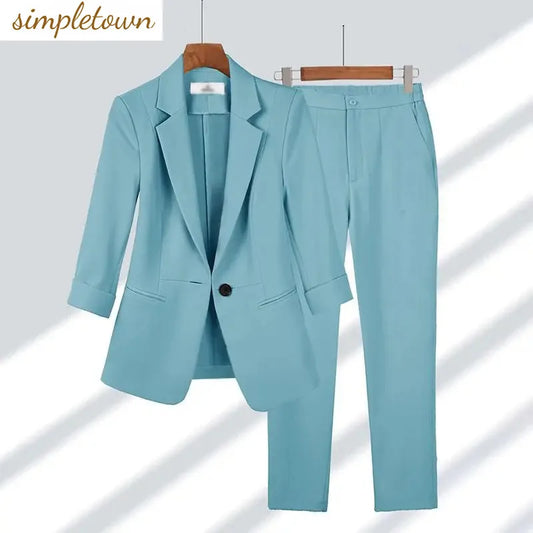 Simple Town Thin Jacket Blazer & Casual Wide Leg Pants Two Piece Business Suit Set