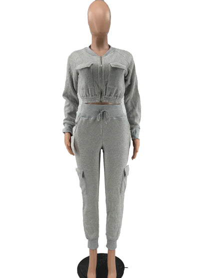 Sporty Two-Piece Cropped Jacket & High Waist Pocketed Jogger Pants