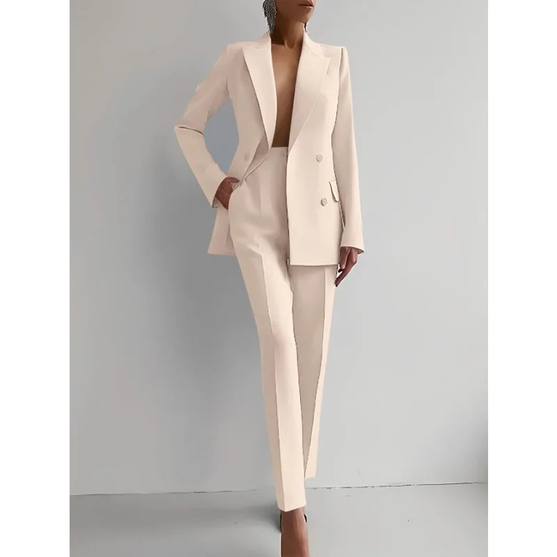 Mandylandy 2pcs Solid Color Fashion Suit Long Sleeve Blazer Jacket & High Waist Long Pants Set