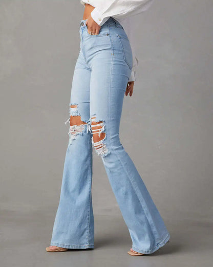 Casual Long Flare High Waist Denim Blue Jeans for Women