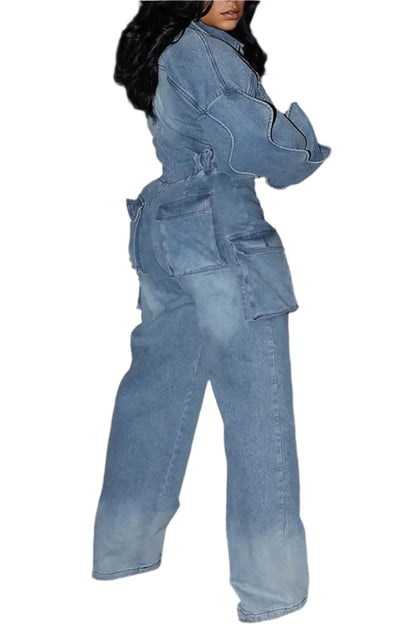 Women's Denim Cargo Jumpsuit Puff Sleeve Zipper Lantern Sleeve Jeans Plus Size Casual Pockets Rompers Overall Outfit