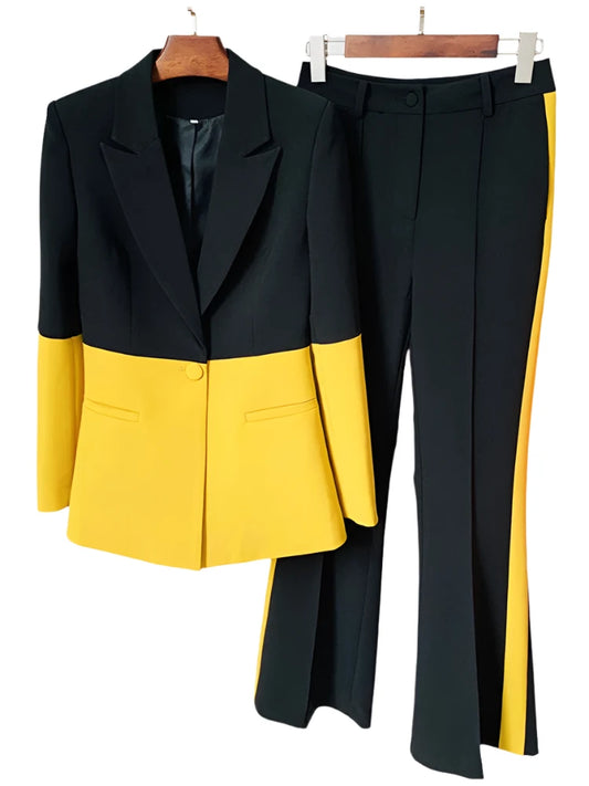 O'DRESSY Spliced Cotton Blend Two Piece Fashion Blazer & Flared Pants Suit Set