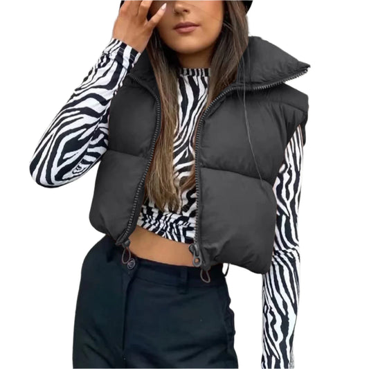 Women's Short Cotton Down Vest Short Stand-up Collar Warm Sleeveless Quilted Vest