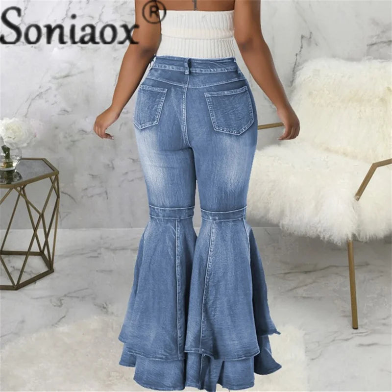 Vintage High Waist Fashion Splicing Layers Flared Denim Blue Jeans