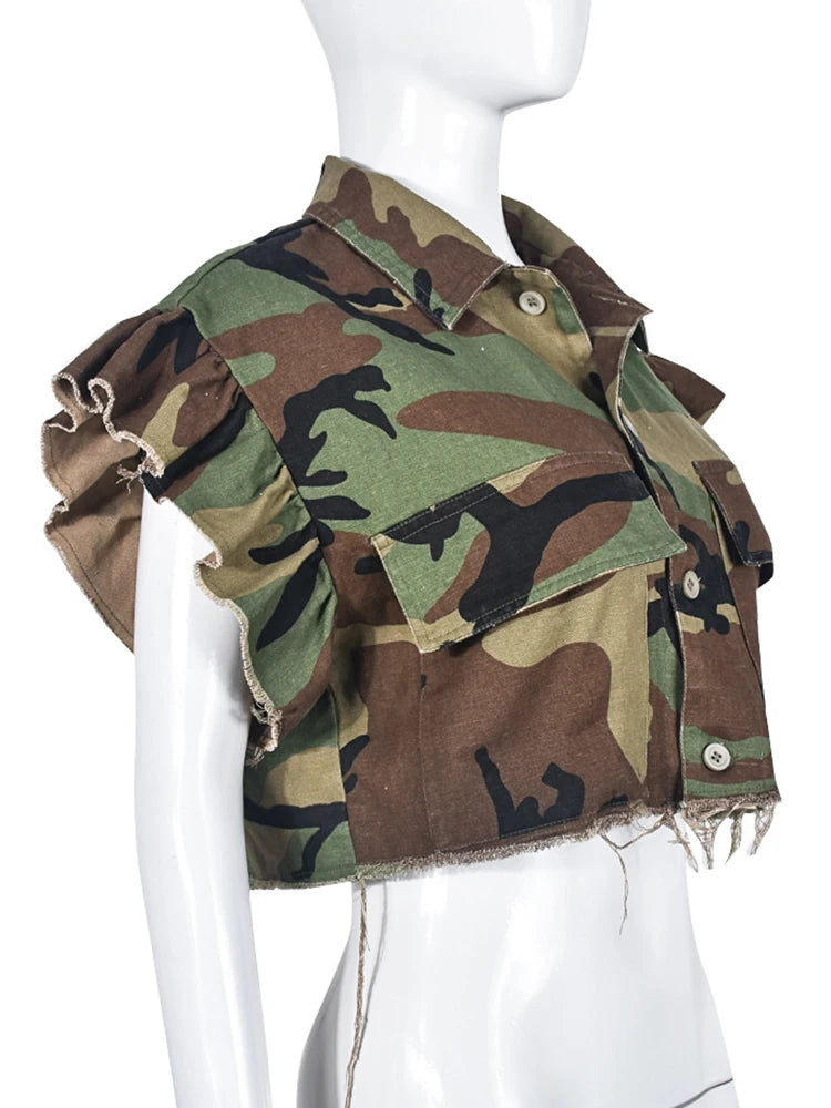 DEAT Camouflage Turn-down Collar Butterfly Sleeve Single Breasted Jacket