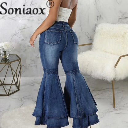 Vintage High Waist Fashion Splicing Layers Flared Denim Blue Jeans