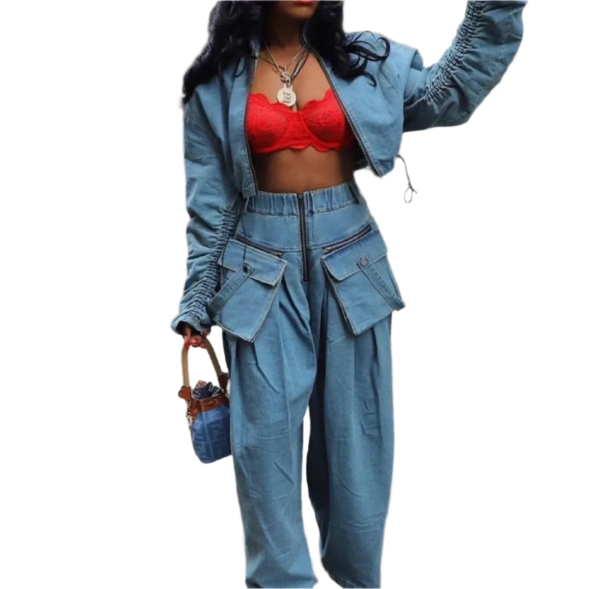 High Fashion Retro Trend Setter Two Piece Denim Blue Jean Set for Women Wide Leg Loose Fit