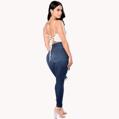 Casual Stretch High Waist Ripped Denim Blue Jeans For Women