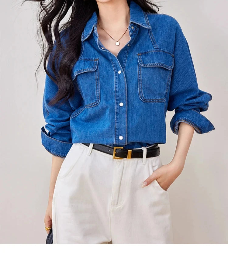 HHQ Casual Chic Vintage Denim Long Sleeve Button-up Shirt