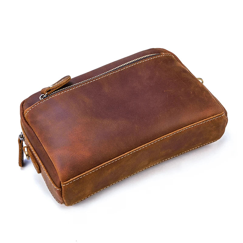 Vintage Thick Genuine Crazy Horse Leather Men Toiletry Wash Bag