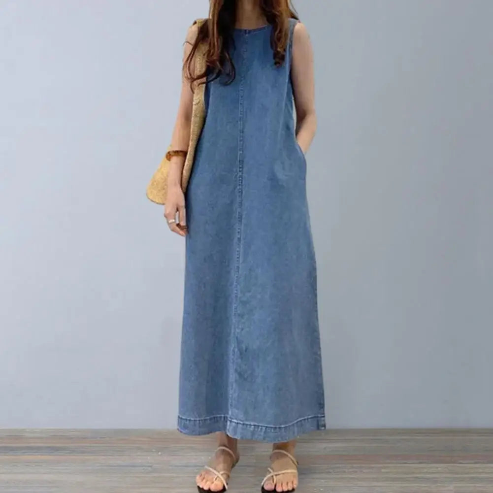 SANWOOD Casual Loose Long Maxi Sundress Pleated Denim Sleeveless