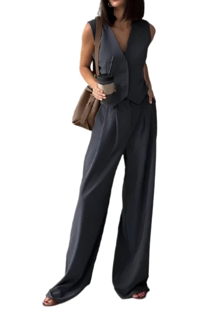 Women's Casual Chic Sleeveless V-neck Buttoned Vest & High Waist Pants 2 Piece Set