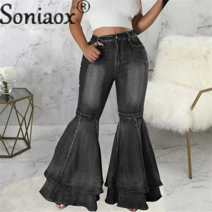 Vintage High Waist Fashion Splicing Layers Flared Denim Blue Jeans