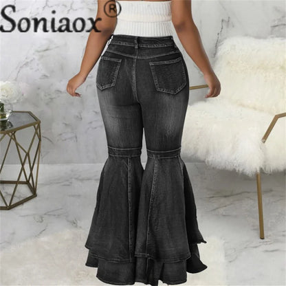 Vintage High Waist Fashion Splicing Layers Flared Denim Blue Jeans