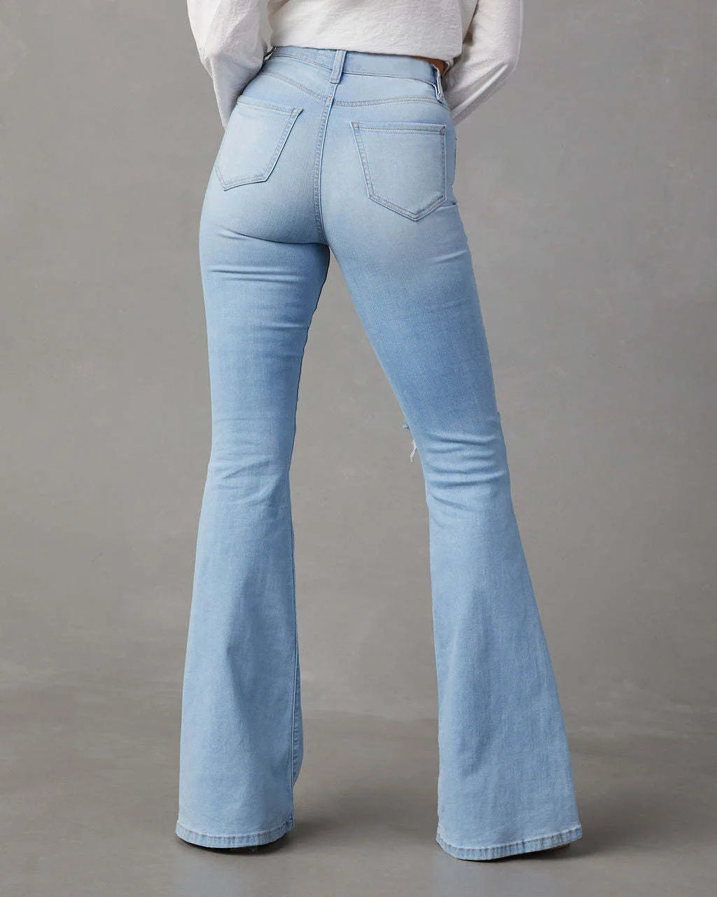 Casual Long Flare High Waist Denim Blue Jeans for Women