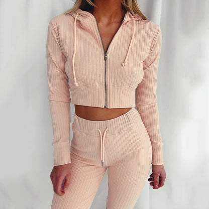 Trendy Knit Ribbed  Long Sleeve Zip Up Slim Fit Hooded Crop Tops + High Waist Long Pants