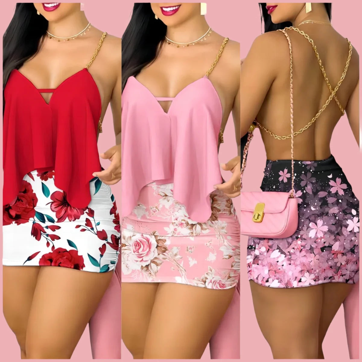 FANAN Spaghetti Strap Backless Top & Floral Print Mini Skirt Two Piece Fashion Set