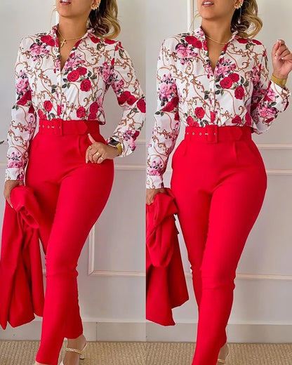 Elegant Womens Printed Two Piece Suit Sets V Neck Long Sleeve Shirt Top & Long Pants Set With Belt