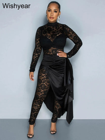 Wishyear Elegant Lace Long Sleeve Jumpsuit with Skirt