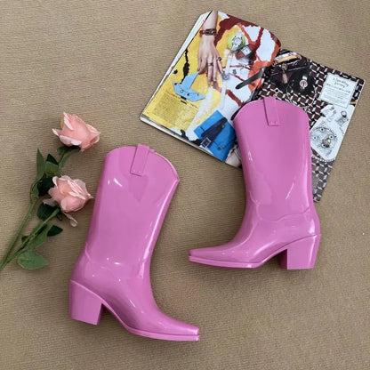 Stylish Knee High Pointed Toe Womens Western Cowgirl Cowboy Rain Boots