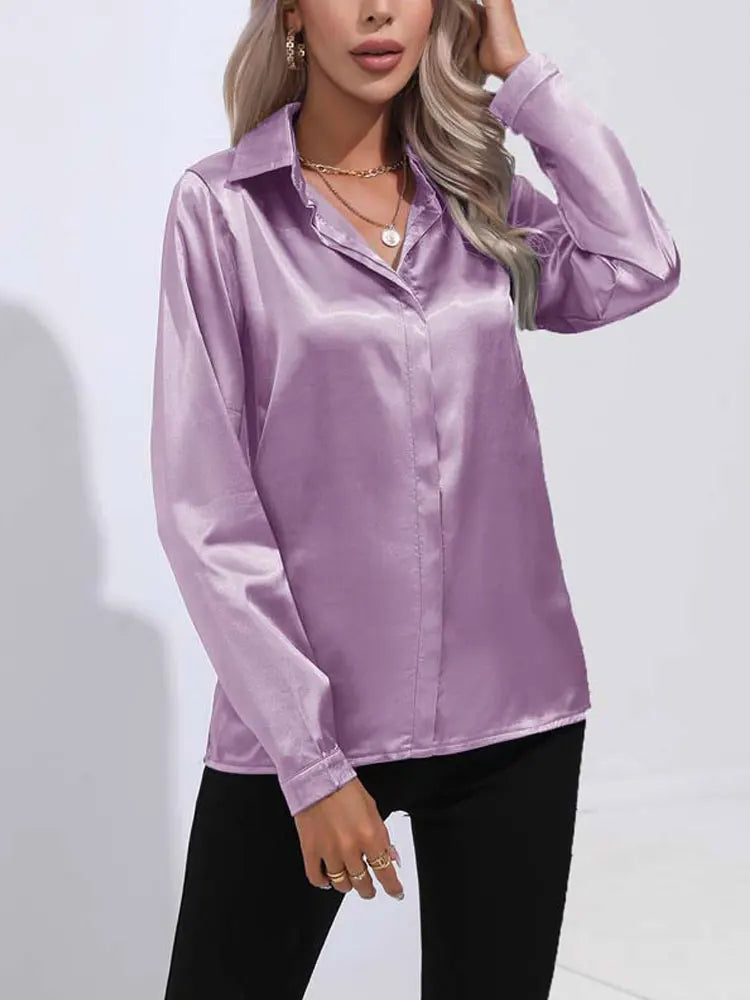 Satin V Neck Long Sleeve Shirt