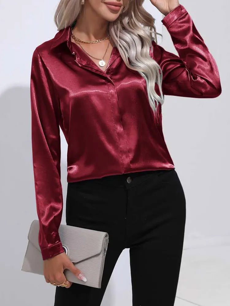 Satin V Neck Long Sleeve Shirt