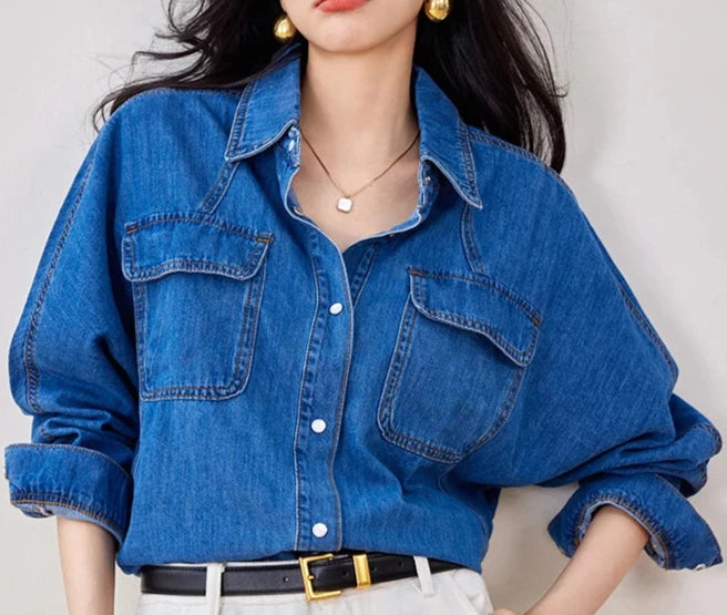 HHQ Casual Chic Vintage Denim Long Sleeve Button-up Shirt