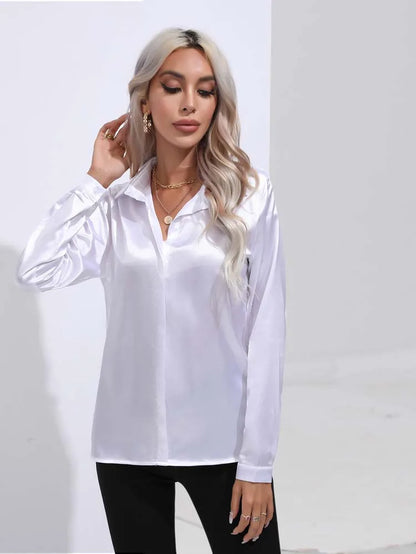 Satin V Neck Long Sleeve Shirt