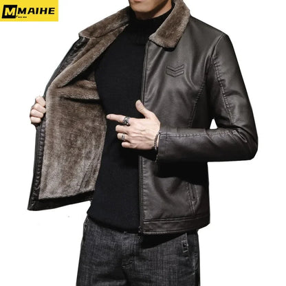 High Quality Men's Faux Leather Motorcycle Jacket Thickened Fur Collar and Inside Liner