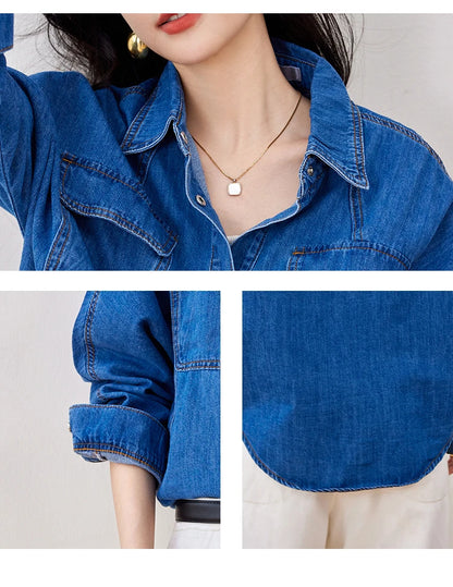 HHQ Casual Chic Vintage Denim Long Sleeve Button-up Shirt