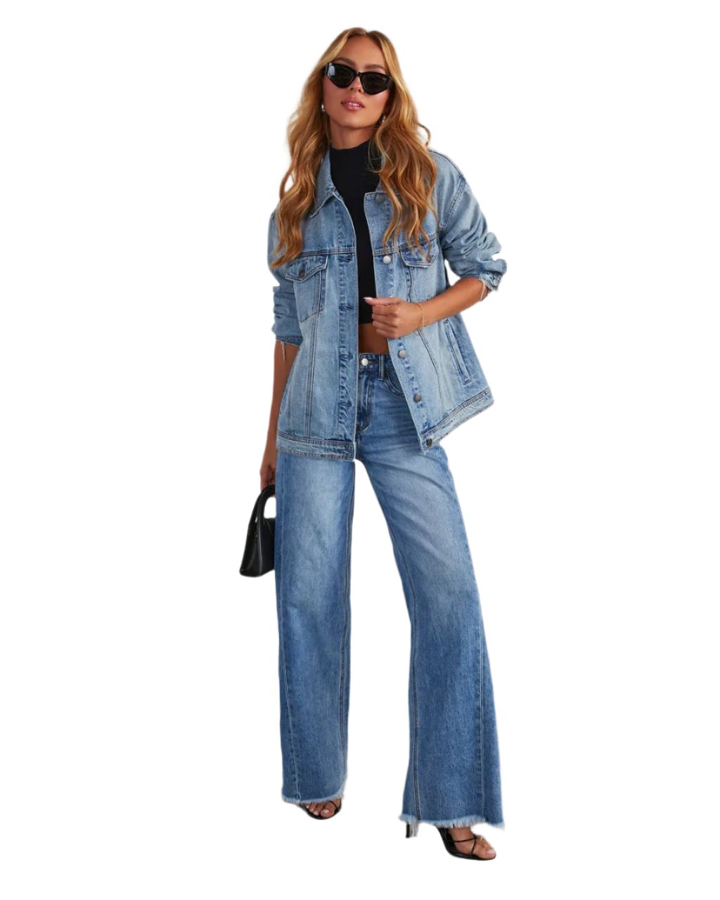 Kalenmos Wide Leg Splice Casual Loose Denim Blue Jeans