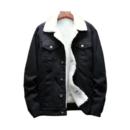 Men's Winter Casual Fleece Lining Thickened Sheep Denim Blue Jean Jacket