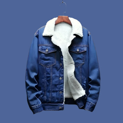 Men's Winter Casual Fleece Lining Thickened Sheep Denim Blue Jean Jacket