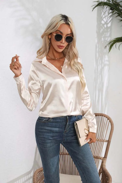 Satin V Neck Long Sleeve Shirt