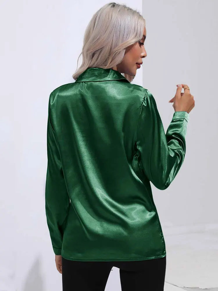 Satin V Neck Long Sleeve Shirt