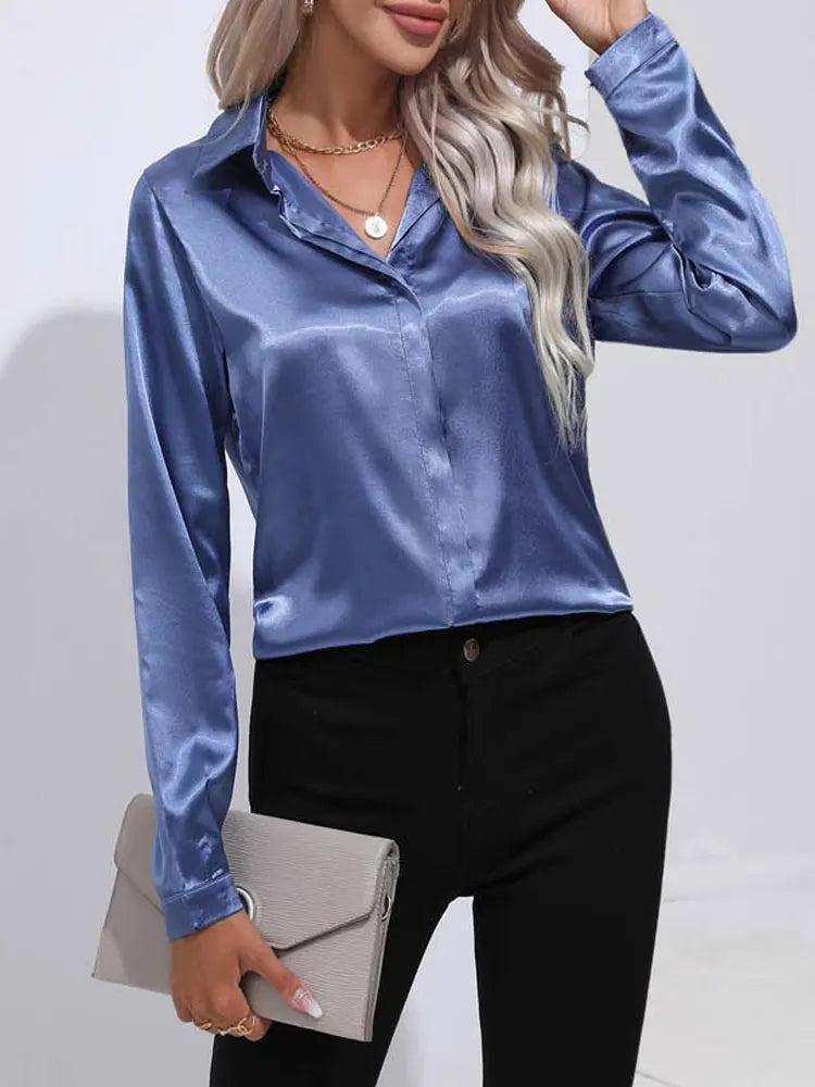 Satin V Neck Long Sleeve Shirt