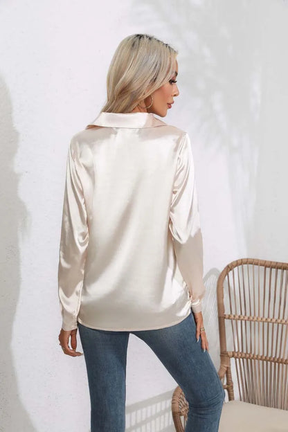 Satin V Neck Long Sleeve Shirt