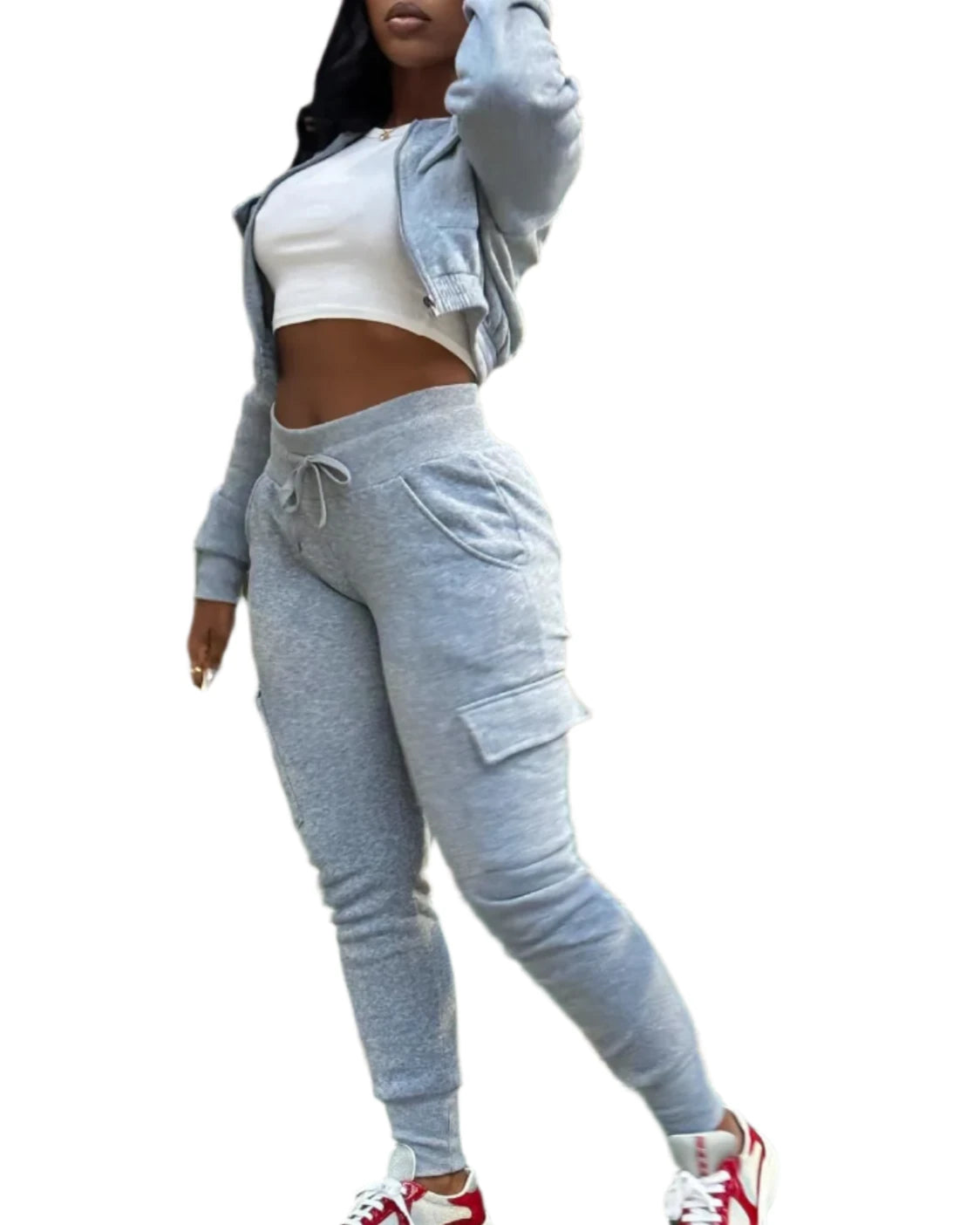 Sporty Two-Piece Cropped Jacket & High Waist Pocketed Jogger Pants