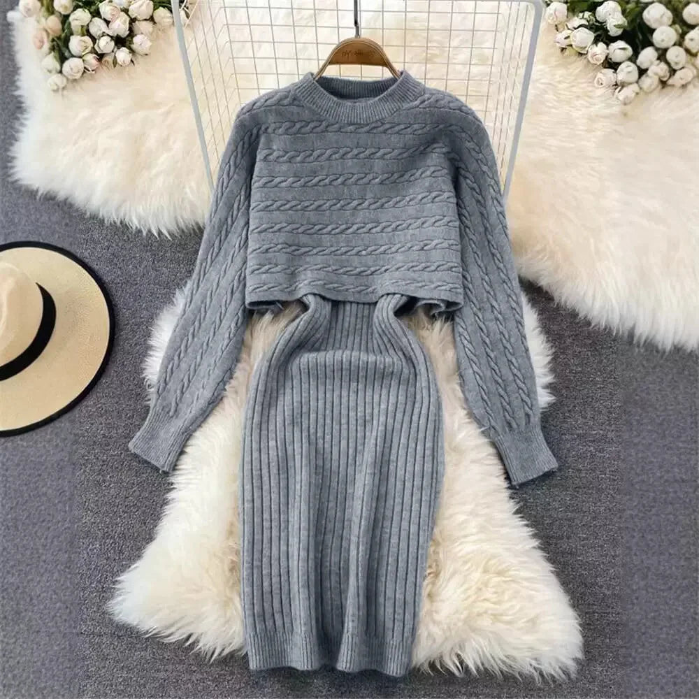 Kalenmos Knit Long Sleeve Sweater Top & Skirt Set