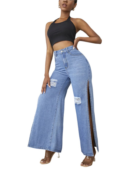 High Fashion Women's High Waist Ripped Slit Denim Blue Jeans