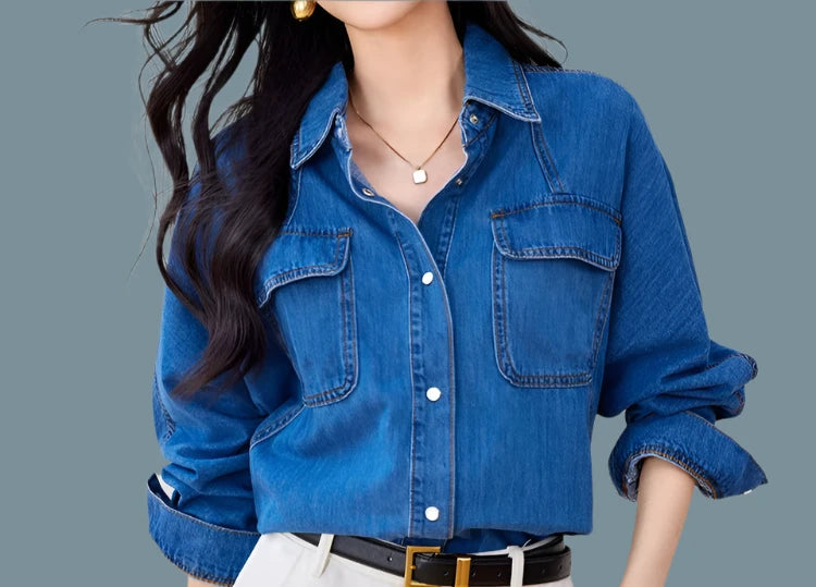 HHQ Casual Chic Vintage Denim Long Sleeve Button-up Shirt