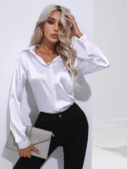 Satin V Neck Long Sleeve Shirt