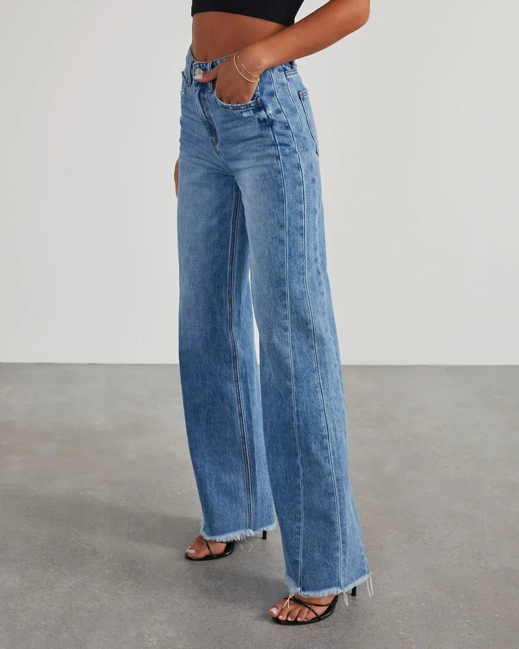 Kalenmos Wide Leg Splice Casual Loose Denim Blue Jeans