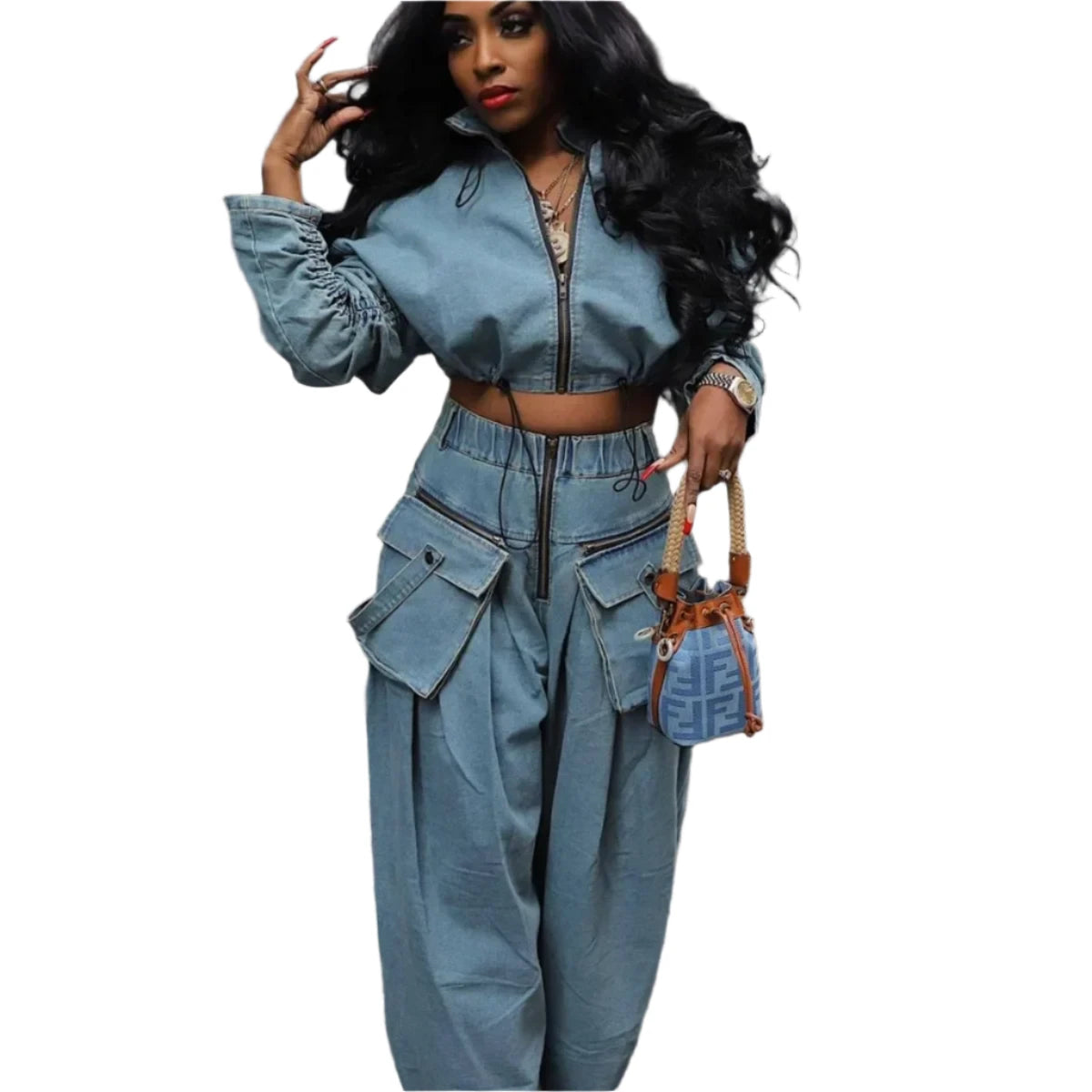 High Fashion Retro Trend Setter Two Piece Denim Blue Jean Set for Women Wide Leg Loose Fit