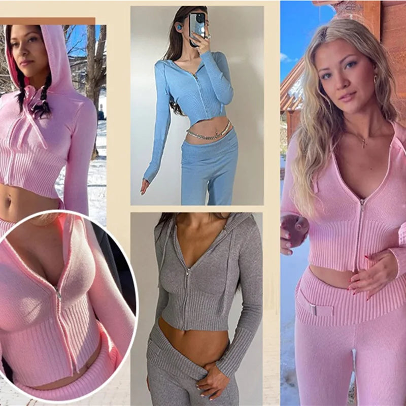 Trendy Knit Ribbed  Long Sleeve Zip Up Slim Fit Hooded Crop Tops + High Waist Long Pants