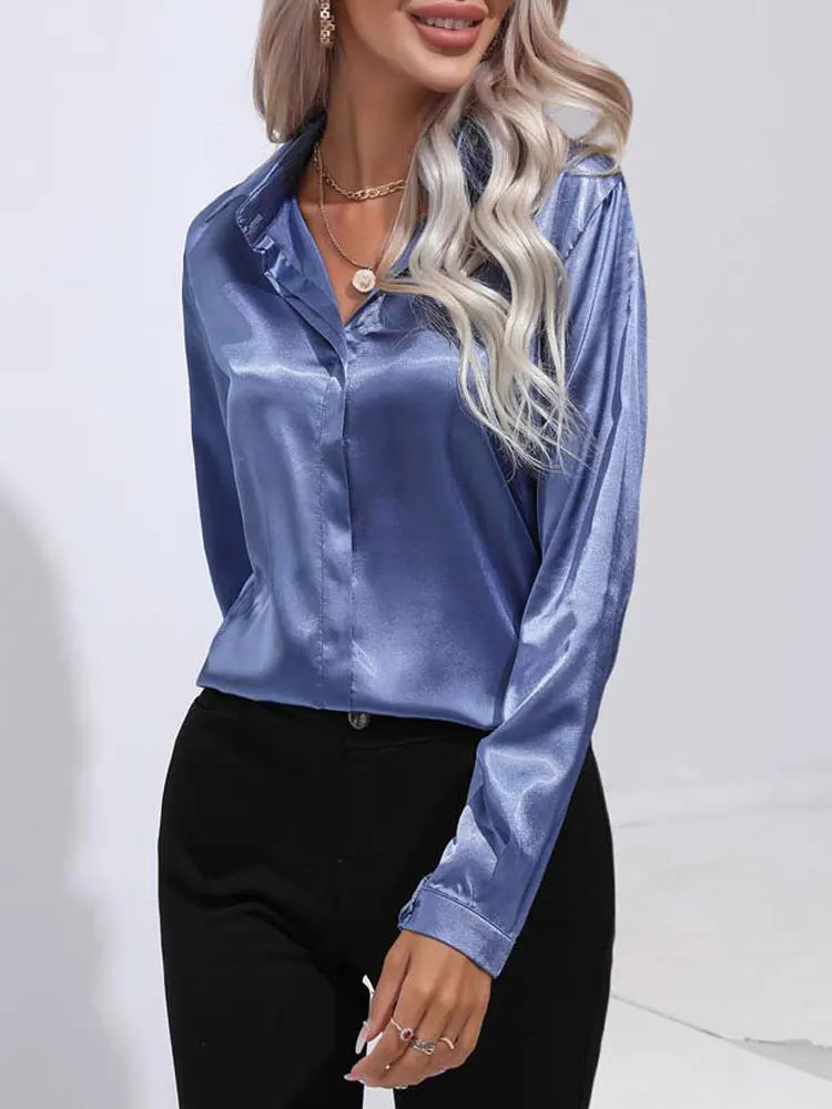 Satin V Neck Long Sleeve Shirt