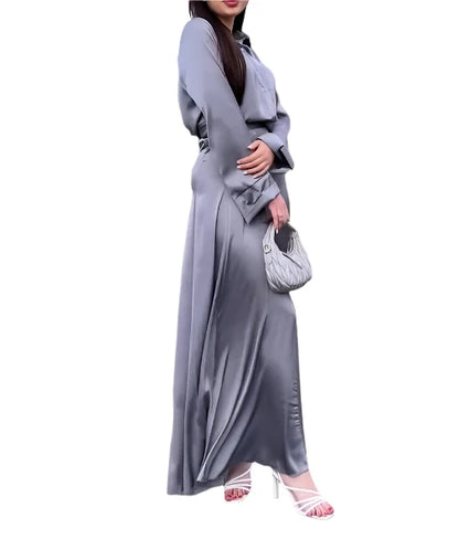 Elegant Silky Button Up Long Sleeve Oversized Shirts & A-Line High Waist Skirts Set Outfits