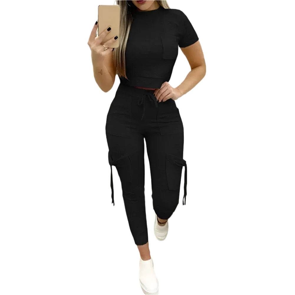 Sporty Cropped Tee & Slim Fit Cargo Joggers Two Piece Set