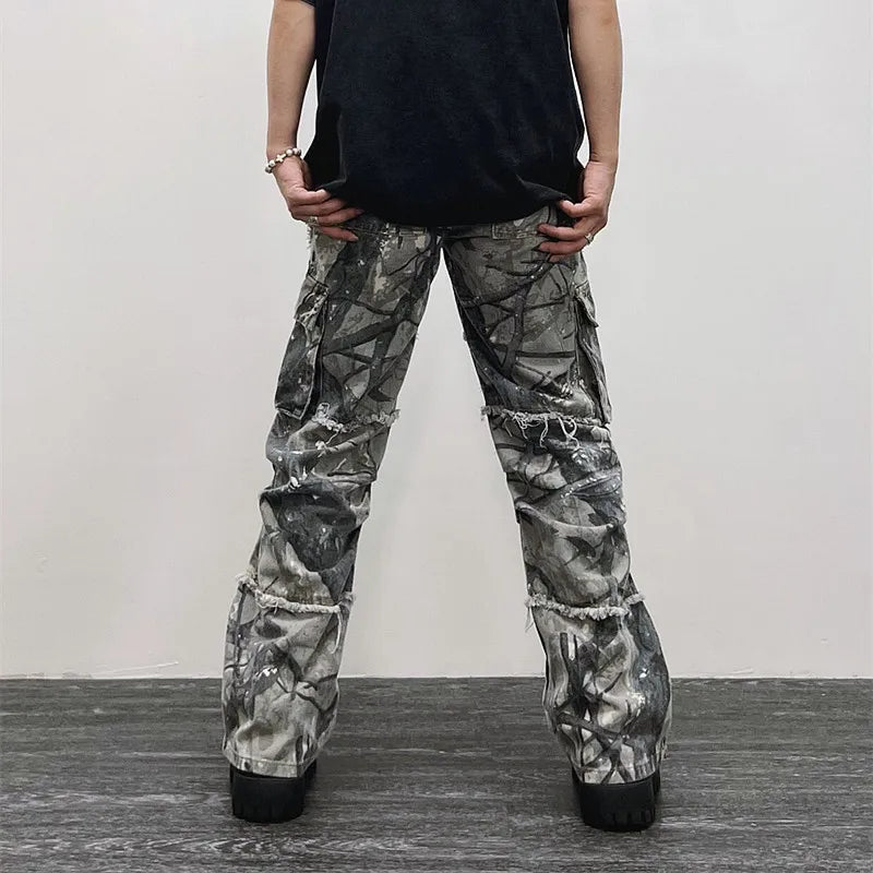 Camouflage Baggy Flare Fringed Jeans Cargo Pants Men