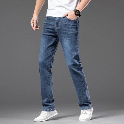 BW Men's Stretch Loose Jeans Classic Brand Straight Casual Elastic Waist Denim Jeans